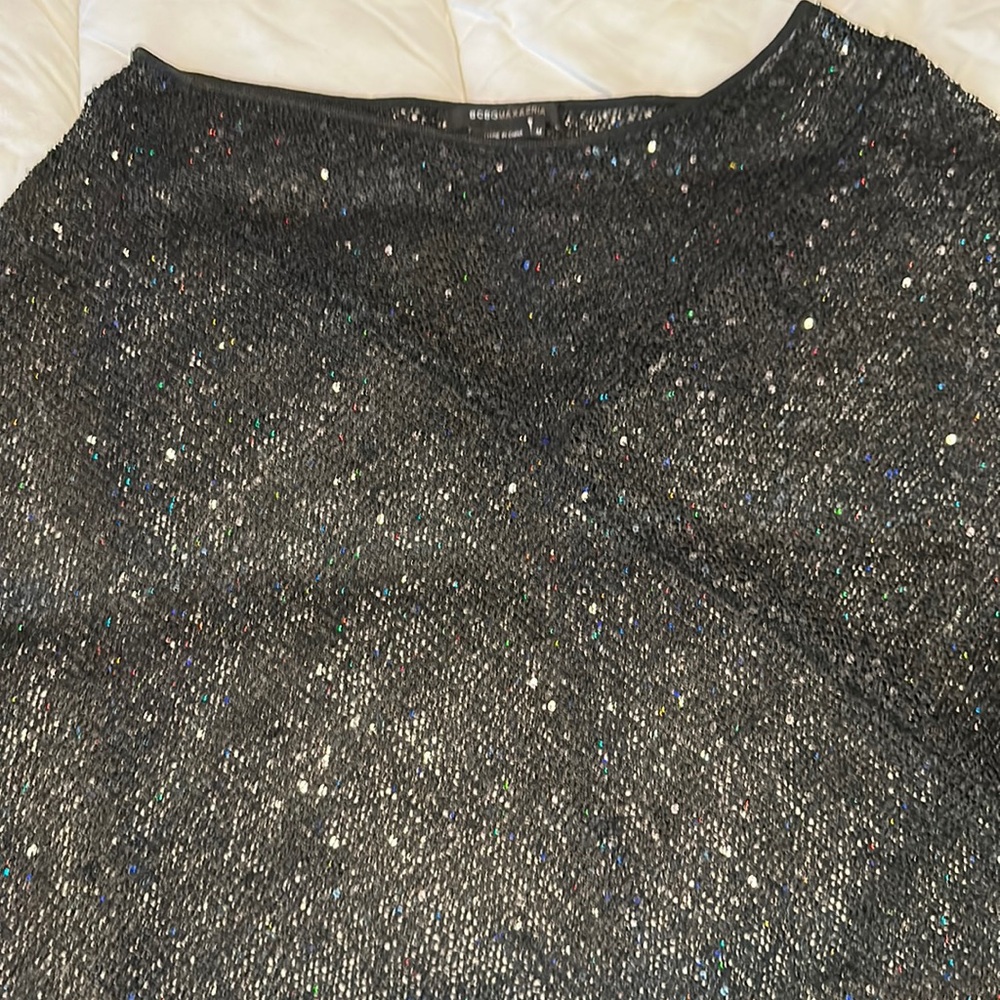 BCBG Asymmetrical, Knit, Sheer, Sequined, overlay top.